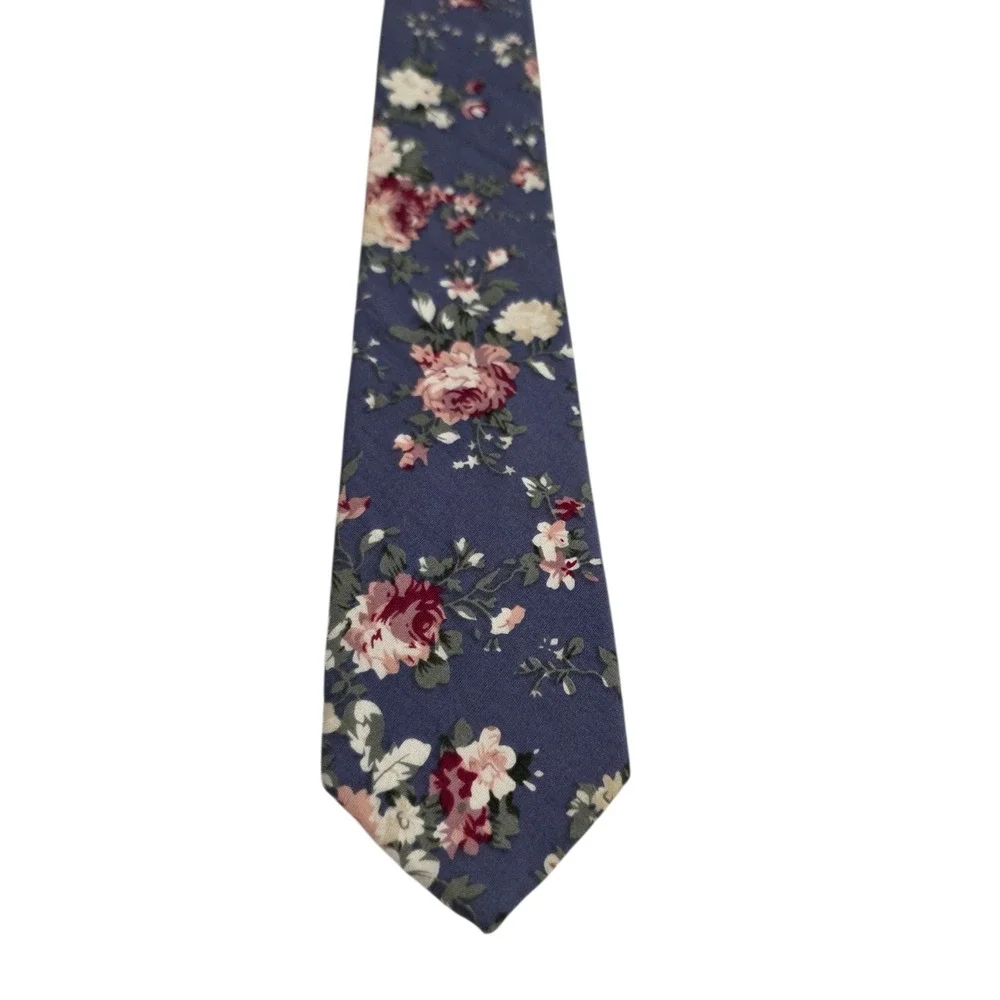 NM Nicks Mens‎ Necktie Blue Cotton Skinny Floral Pattern Handmade Novelty Casual